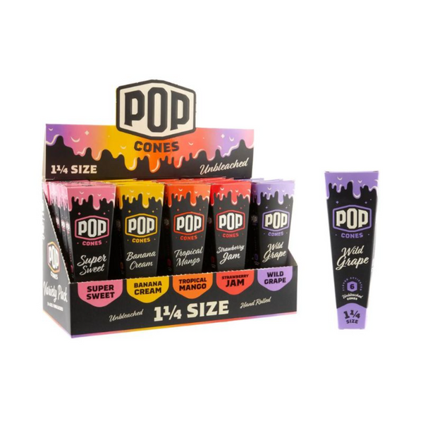 Pre Rolled Cones Pop Unbleached 1.25 Assorted Flavor - 6 Per Pack