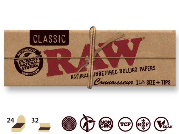 RAW Classic 1-1/4 Size Connoisseur 32/pack w/ Tips - SmokeTime